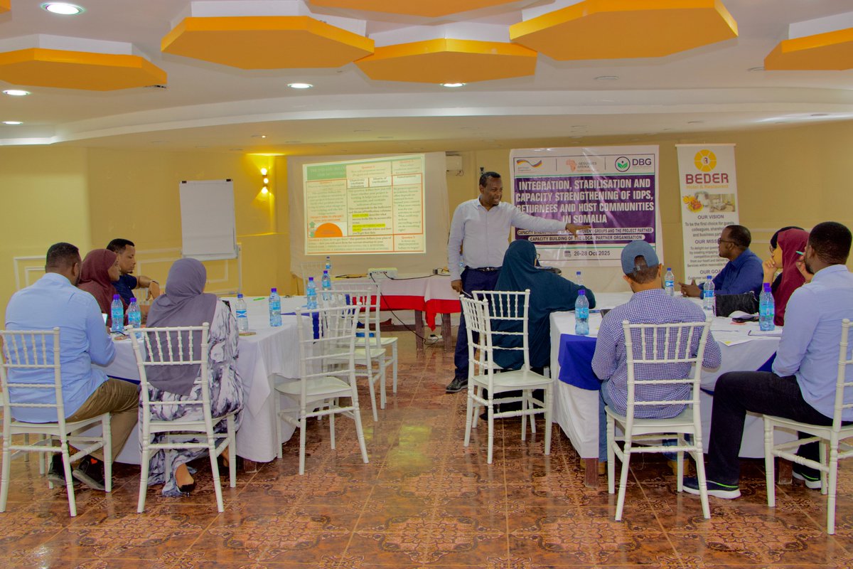 DBGGSomalia's tweet photo. Team DBG Successfully Concludes 3-Day Capacity Building Training

Team DBG has greatly benefited from intensive sessions on cross-cutting programming, strategic planning, M&amp;E and reporting, and modern financial software usage   held at Beder Hotel from October 26–28, 2025

#DBG https://t.co/tG7W0yaawX
