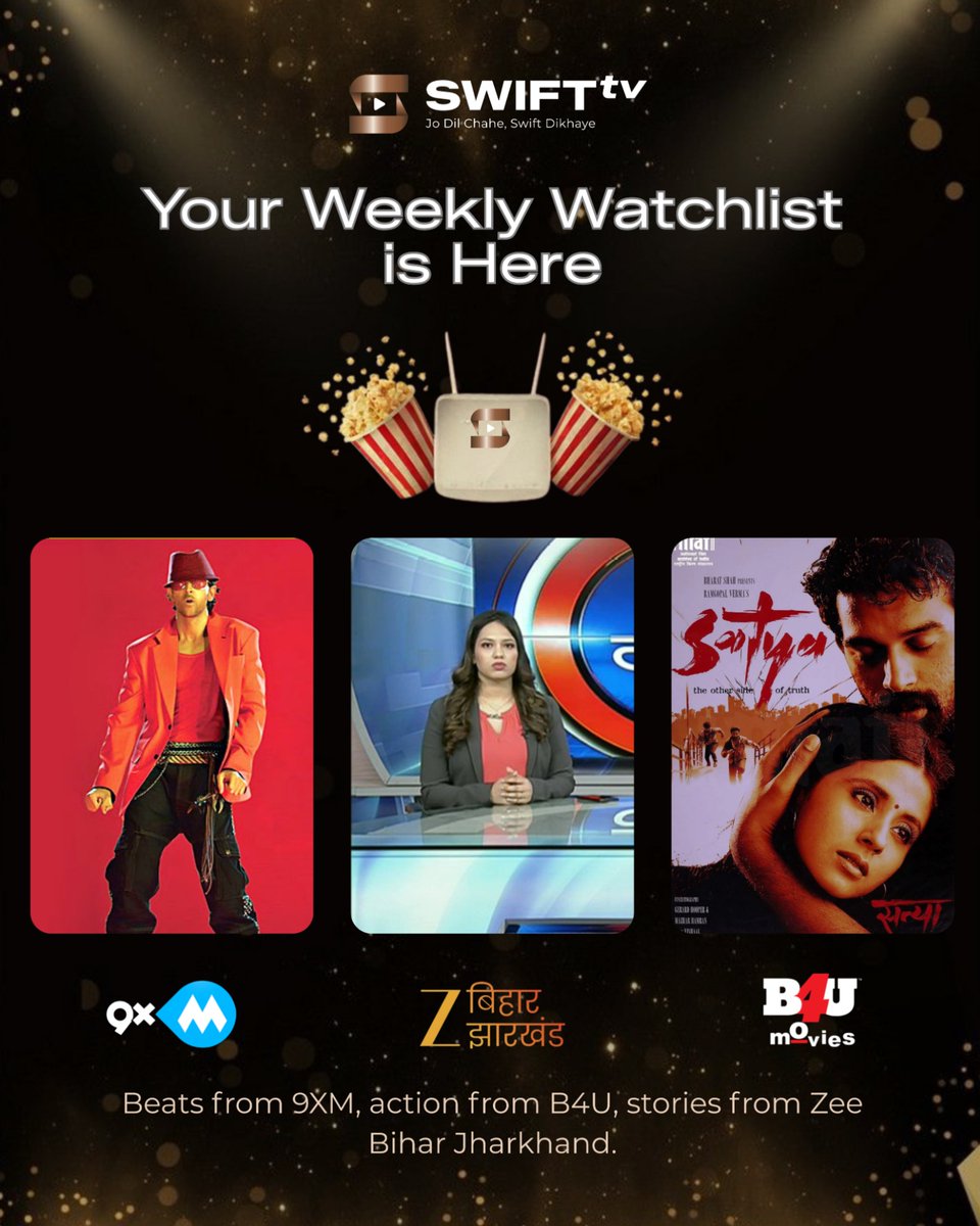 playswift_tv's tweet image. Your weekly watchlist just dropped! 🍿
From chart-topping hits on 9XM, blockbuster movies on B4U Movies, to the latest election updates on Zee Bihar Jharkhand — Swift TV has your week covered!
#swiftTV #swiftreels #WeeklyWatchlist #9XM #B4UMovies #ZeeBiharJharkhand #LiveTV