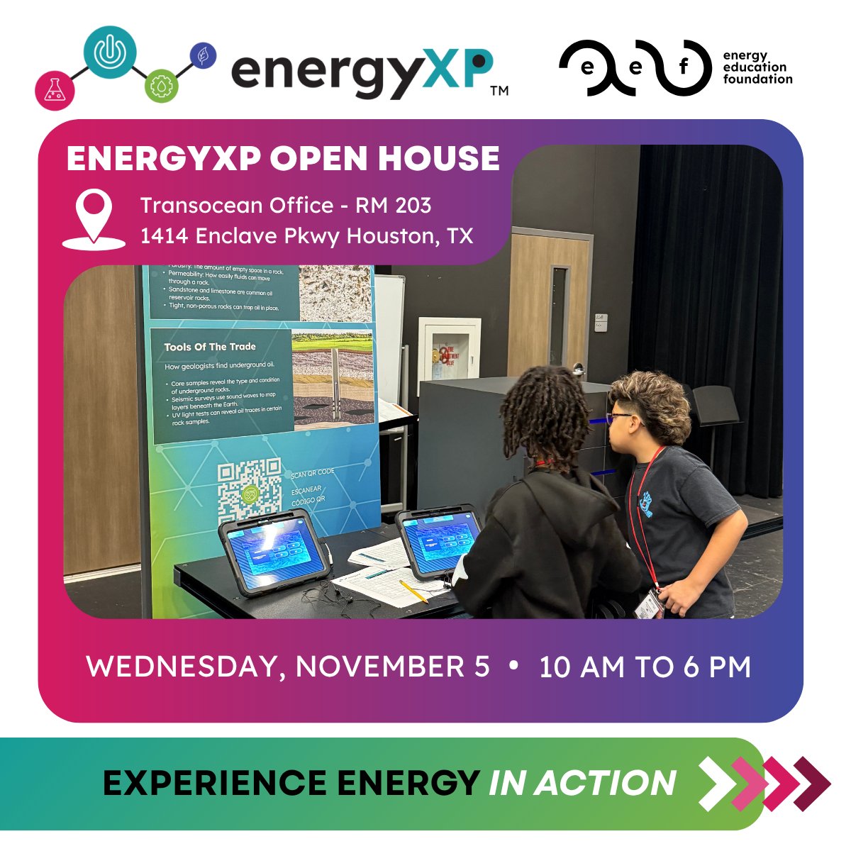 EnergyXP is a free educational program for students, and bridges the gap between classroom learning with real-world energy industry application. 

Sign up for our Open House demo on Wednesday, November 5: ow.ly/bzZq50Xiwtg

#STEM #ExperienceEnergyInAction #PoweringtheFuture
