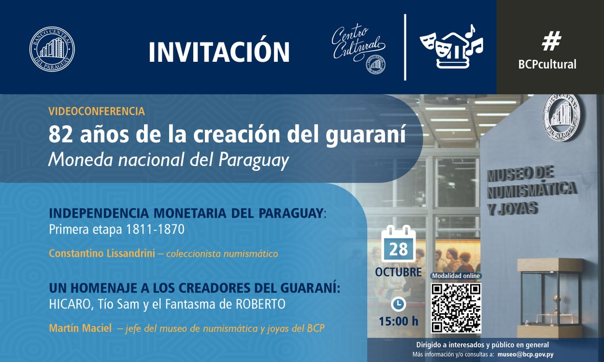 BCPCultural's tweet photo. HOY | Videoconferencia en conmemoración de los 82 años de la creación del guaraní. Una jornada dedicada a su historia, su evolución y el legado de quienes impulsaron la moneda nacional.

15:00 h | Transmisión vía Zoom

Inscripciones: https://t.co/MCLe2ASOWk
#BCPCultural https://t.co/7oPGE7QslW