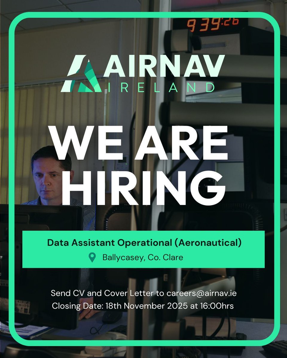 We are #hiring! 📣 

AirNav Ireland are currently recruiting for an Operational Data Assistant (Aeronautical Information Services)

📍 Ballycasey, Co. Clare 
🎓 Good IT, communication, teamwork and organisational skills
🗓️ Apply by Tuesday 18th of November at 16:00

Learn more at