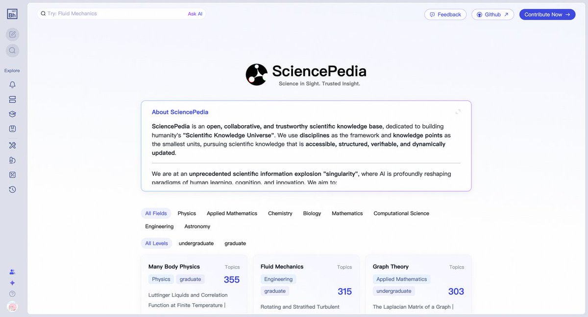 Bohrium_AI4S's tweet image. 🌐 Introducing SciencePedia—a meta-research infra making scientific reasoning visible, verifiable, connected.

Science grows fast, yet knowledge remains siloed.

We’re building a pedia that maps how knowledge works—be part of it👇
#SciencePedia #AIforScience #bohrium #grokpedia