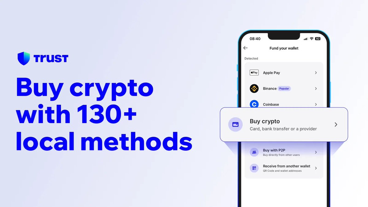 TrustWallet's tweet image. Trust Wallet now supports local payments in 190+ countries!

Fund your wallet instantly with:
🌍130+ payment methods
💱120+ currencies
🔐All securely in-app.

Open Trust Wallet → Fund → Choose your local method: short.trustwallet.com/fund