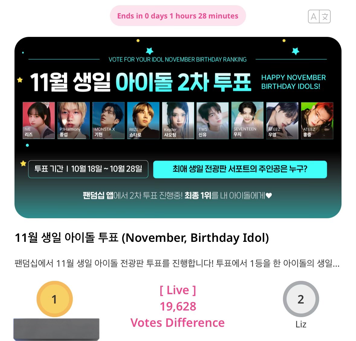 LIZCENTRIC's tweet photo. [🗳️] 251028 FANDOMSHIP

🚨 LAST 1.5 HOURS 🚨

11월 생일 아이돌 투표 (November, Birthday Idol)

Rank 1 635,526 votes
🚨 Rank 2 is Liz 617,898 votes 🚨
Rank 3 238,070 votes

Let's vote now!
#FandomShip #팬덤십 #kpopvote
 https://t.co/Fg7OKlG1kJ

#2025MAMAVOTE
#LIZ #리즈 #リズ
#IVE #아이브 #アイヴ