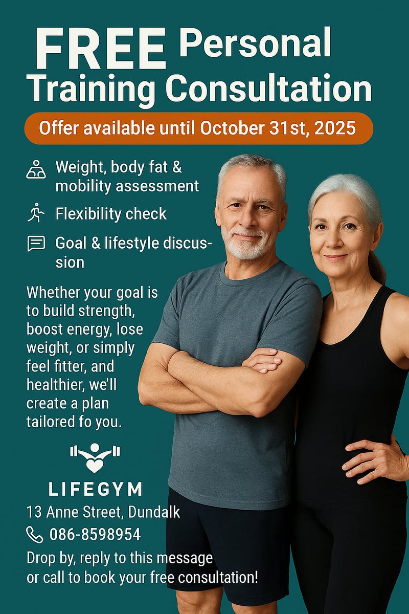 lifegym1's tweet image. Last chance this month! 🎯 Free consultation includes body metrics, mobility &amp;amp; a tailored plan. LifeGym – 13 Anne Street. Comment “I’M IN” and we’ll message you, or ring 086-8598954.
#PersonalTraining #FitnessAssessment #StrengthTraining #WeightLoss #BodyTransformation  #lifegym