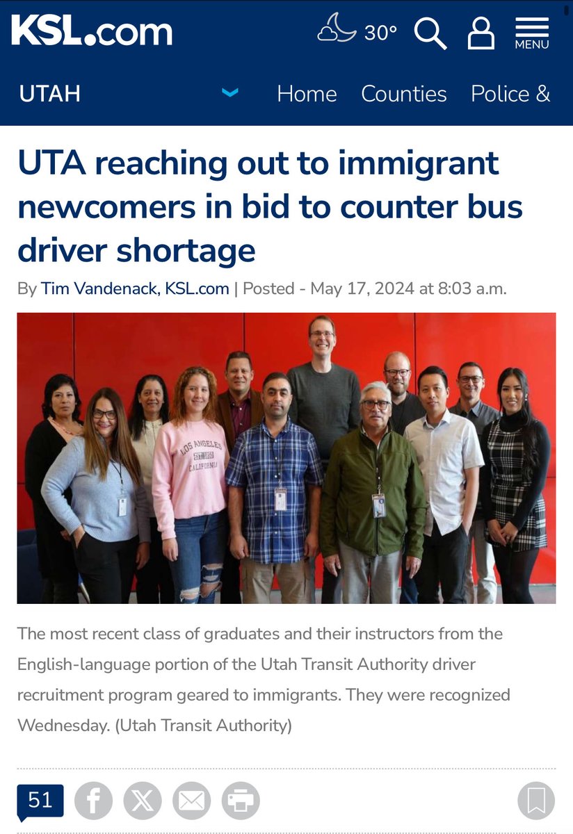 Why is it always Utah? 

Utah goes the extra mile to grant CDLs to immigrants. 

The Bilingual Bridges program, launched in 2023, provides paid English-language instruction and job training to nonnative speakers, aiming to “diversify UTA's workforce and better reflect Utah's