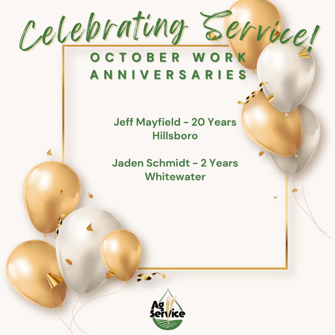AgServiceInc2's tweet image. 🎉Join us in celebrating our October Work Anniversaries🎉

Thank you for growing with our company and sowing the seeds of exceptional service with us everyday!

#AgServiceInc #OctoberWorkAnniversaries #ThankYou #ExceptionalService