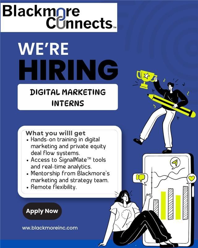 BlackmoreInc's tweet photo. 🚀 Step into AI-powered marketing with Blackmore Partners!

Join our hands-on internship to:
✅ Build & optimize executive campaigns with SignalMate AI
✅ Drive engagement via email, content & LinkedIn
✅ Master SEO, CRM, automation & analytics

📍 Remote | 30–40 hrs/wk | College Credit Eligible
Apply: https://t.co/9blR4jC7VB

#DigitalMarketing #MarketingInternship #PrivateEquity #CareerGrowth