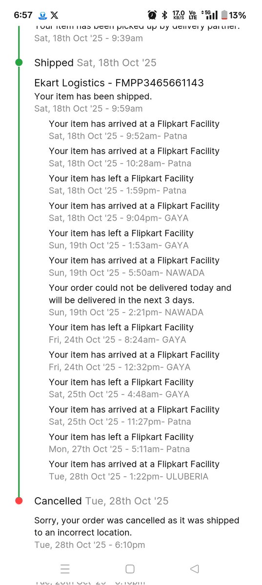 rajukumarce44's tweet image. #FlipkartScam I ordered a Garnier face prdt from Flipkart on Oct 18 for ₹337 (prepaid).The delivery was scheduled for October 19, but the date kept changing — first to 23rd,25th, finally 27th. In the end, the order got cancelled, and now increased to ₹421. What should I do now?