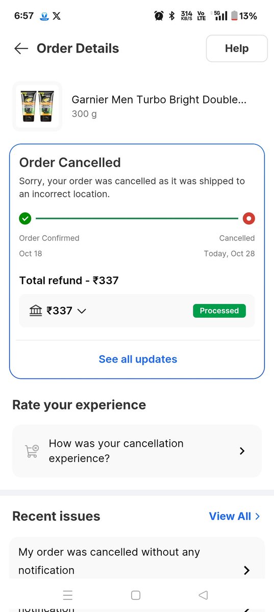 rajukumarce44's tweet image. #FlipkartScam I ordered a Garnier face prdt from Flipkart on Oct 18 for ₹337 (prepaid).The delivery was scheduled for October 19, but the date kept changing — first to 23rd,25th, finally 27th. In the end, the order got cancelled, and now increased to ₹421. What should I do now?