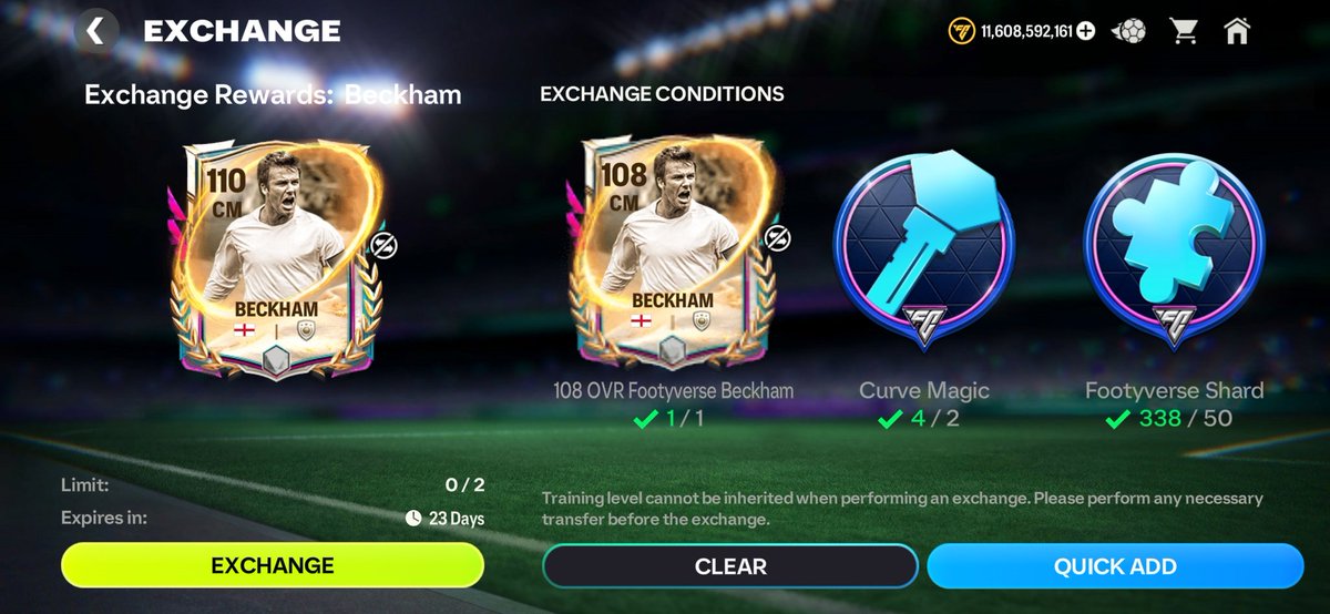 FCMobile_News's tweet image. Did you achieve the 3x Beckham Evolution Keys Curve Magic yet and unlock the 108 OVR CM Beckham?

Also are you considering trading off the 108 OVR CM Beckham along with 50 Footyverse Shards for the 110 OVR CM version? 👀

#FCMobile
#EASportsFC
#Footyverse
