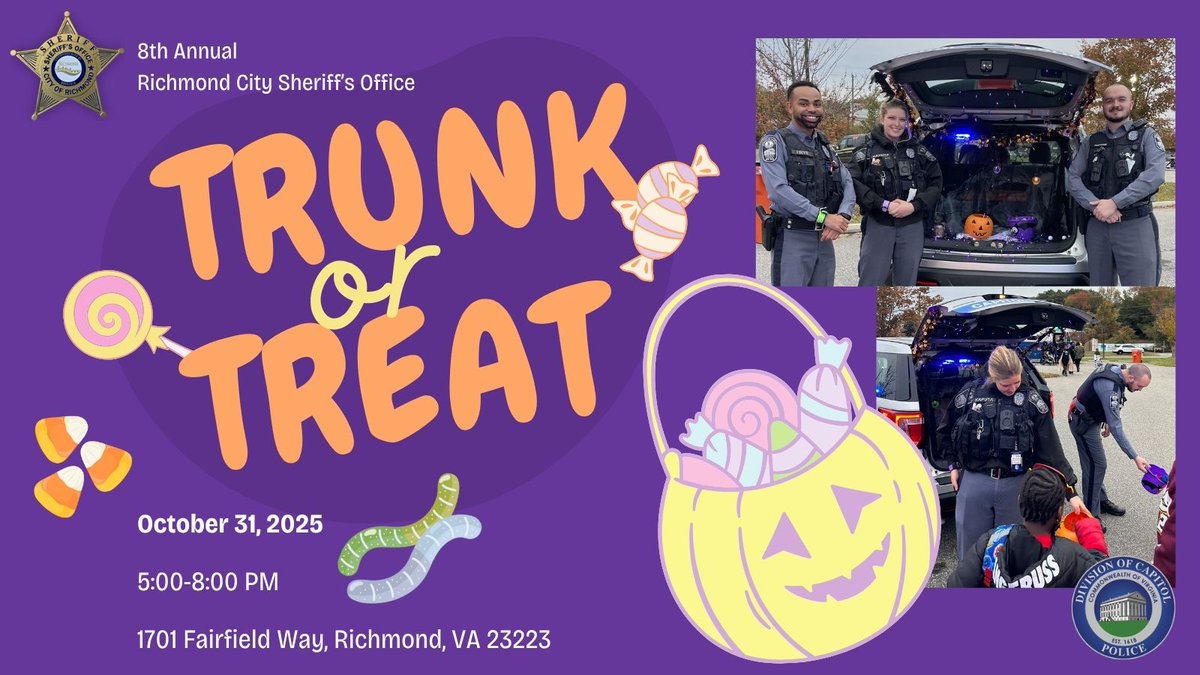 We've partnered with <a href="/city_rcso/">Richmond City Sheriff's Office</a> for the 8th Annual Trunk or Treat Halloween Celebration on Friday, October 31, from 5-8PM at the Richmond City Justice Center - 1701 Fairfield Way. Dress up, bring your family, and enjoy an evening of safe and festive trick-or-treating!