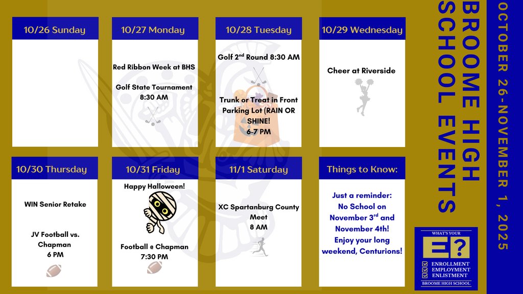 Broome High School Events, Ocotber 26-November 1, 2025
#ConquerandPrevail