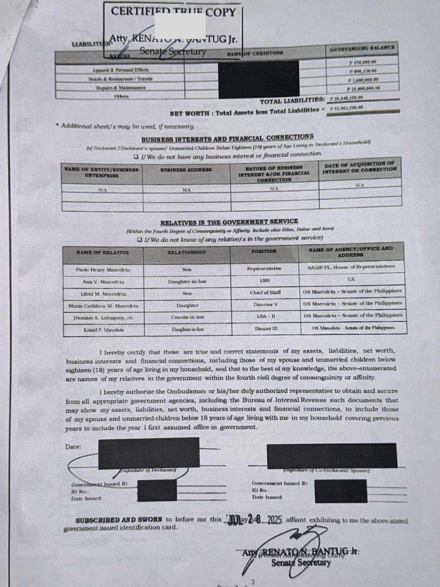 News5PH's tweet image. SALN NI SEN. MARCOLETA

Inilabas ni Sen. Rodante Marcoleta ang kopya ng kaniyang Statement of Assets, Liabilities, and Net Worth (SALN) as of June 2025.

Mayroong net worth na P51,961,550.00 si Marcoleta, base sa kaniyang SALN. I via #MOJO Marymon Reyes