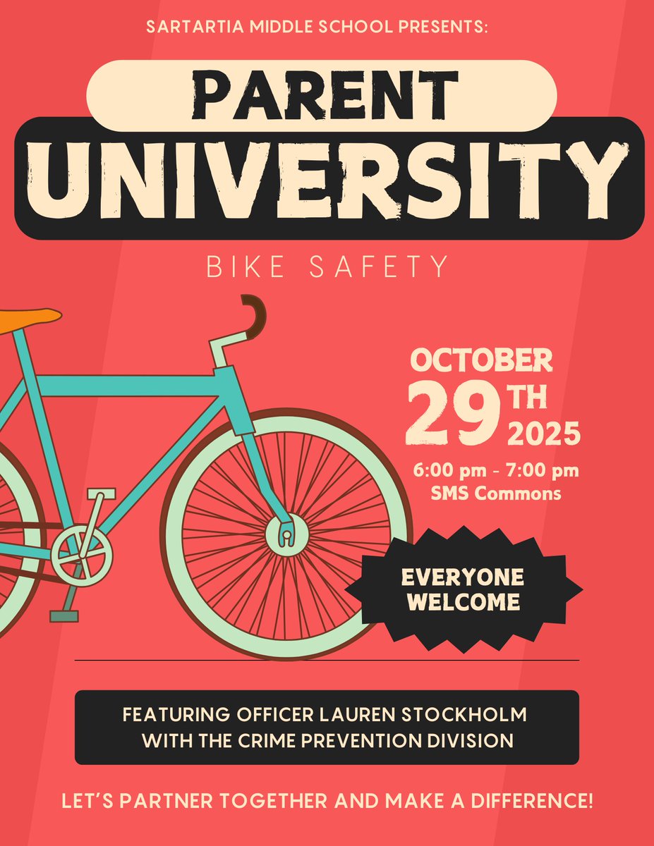 jag_counseling's tweet photo. We can't wait to see all of our families for Parent University on Bike Safety.  Everyone is welcome on Wednesday, October 29 from 6:00 - 7:00 pm in the Sartartia Commons🚲@sms_jaguars @WSE_Stallions @CSE_Chameleons @BBE_Bullfrogs https://t.co/2wTlFhGdjO