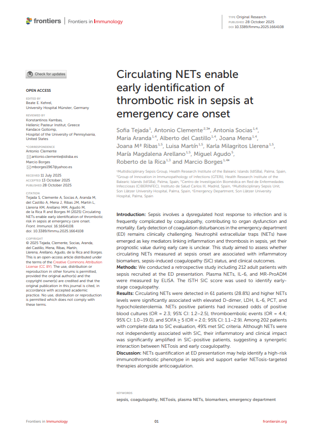 🧬Nuevo estudio: las trampas extracelulares de neutrófilos (NETs) podrían ser un biomarcador temprano del riesgo de trombosis en sepsis.

🔗frontiersin.org/journals/immun…
