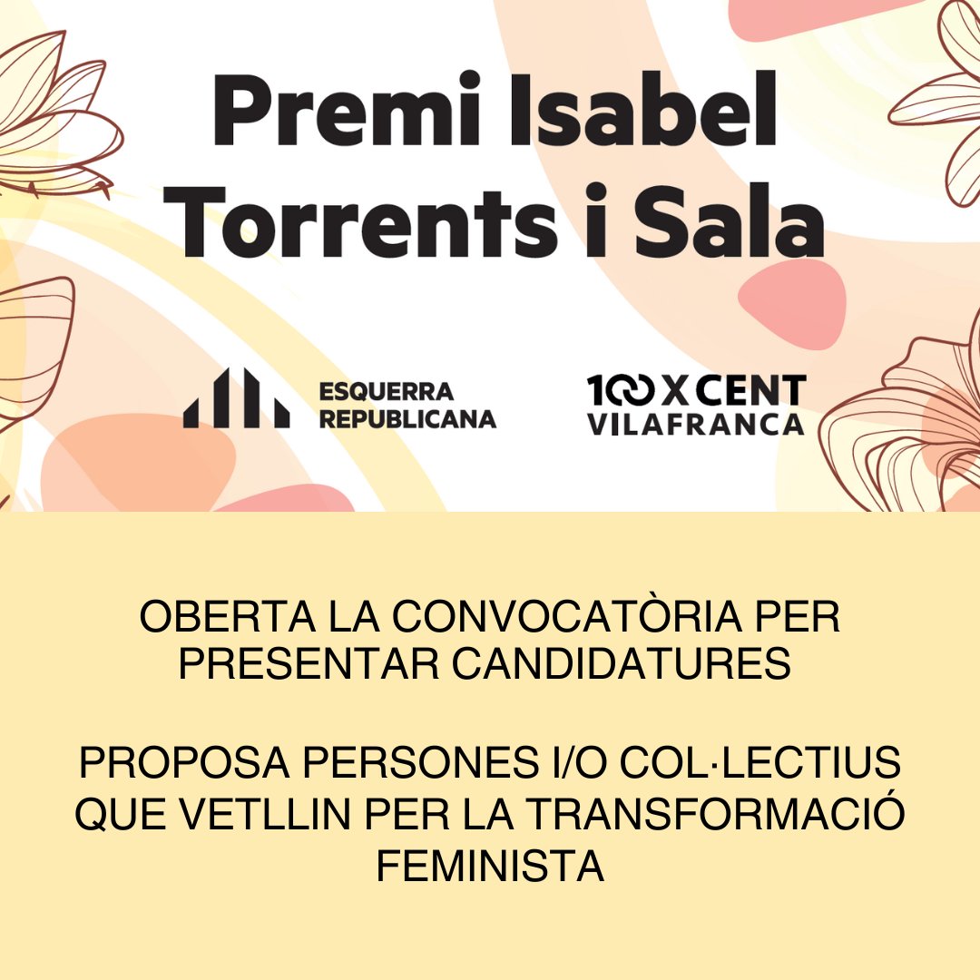Ep! Ja queda poc temps per presentar candidatura al Premi "Isabel Torrents i Sala" a la transformació feminista de Vilafranca.
Pots proposar persones i/o col·lectius que han propiciat la transformació feminista a Vilafranca.
Pots fer-ho aquí
 ⬇️⬇️⬇️⬇️⬇️⬇️
locals.esquerra.cat/vilafrancapene…