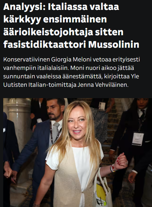 Muistellaanpas hieman, kuinka Yle esitteli suomalaisille Italian tulevan pääministerin vuonna 2022😂