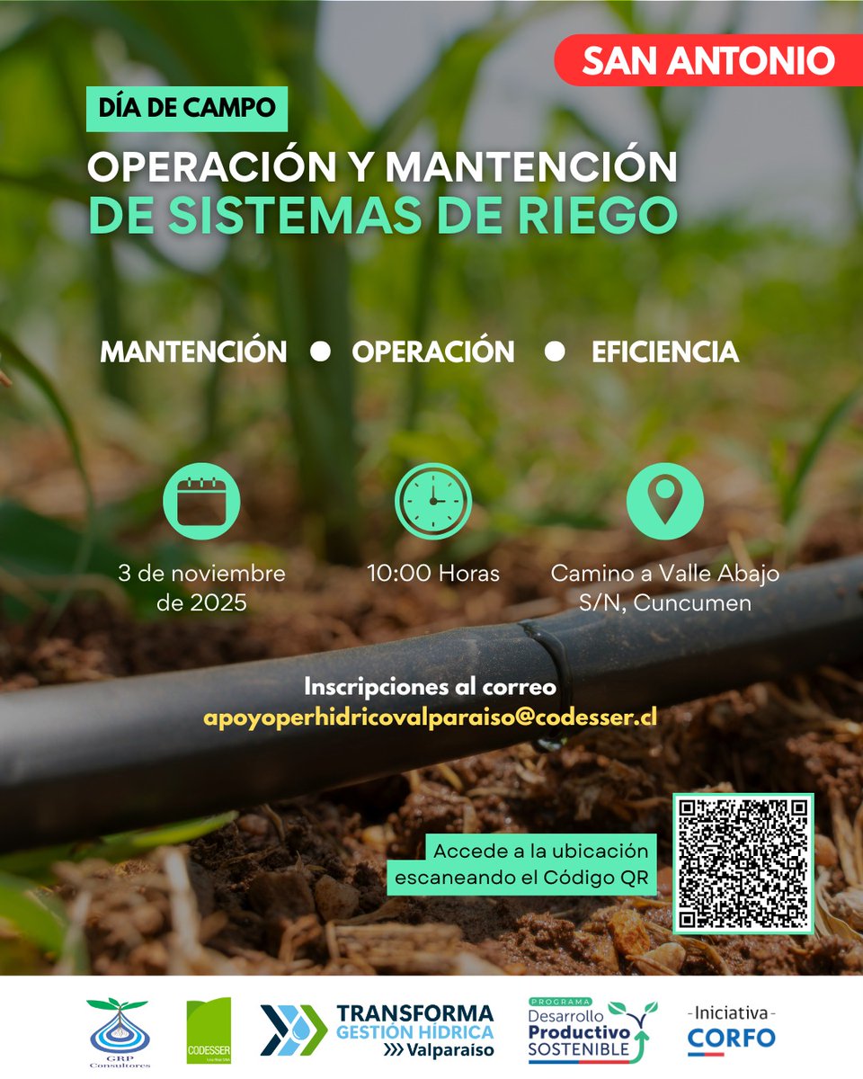💧 ¡Atención, San Antonio! Si eres productor, asesor o profesional del agro, te esperamos este lunes 3 de noviembre en el Día de Campo "Operación y Mantención de Sistemas de Riego"

👉 Inscríbete enviando un correo con tus datos a apoyoperhidricovalparaiso@codesser.cl