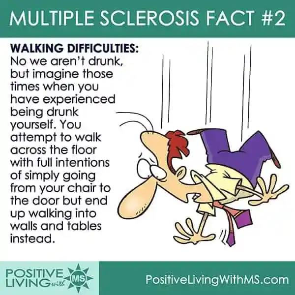 MULTIPLE SCLEROSIS FACT #2
WALKING DIFFICULTIES:
No we aren’t drunk, but imagine those times when you have experienced being drunk yourself. You attempt to walk across the floor with full intentions of simply going from your chair to the door but end up walking into walls and