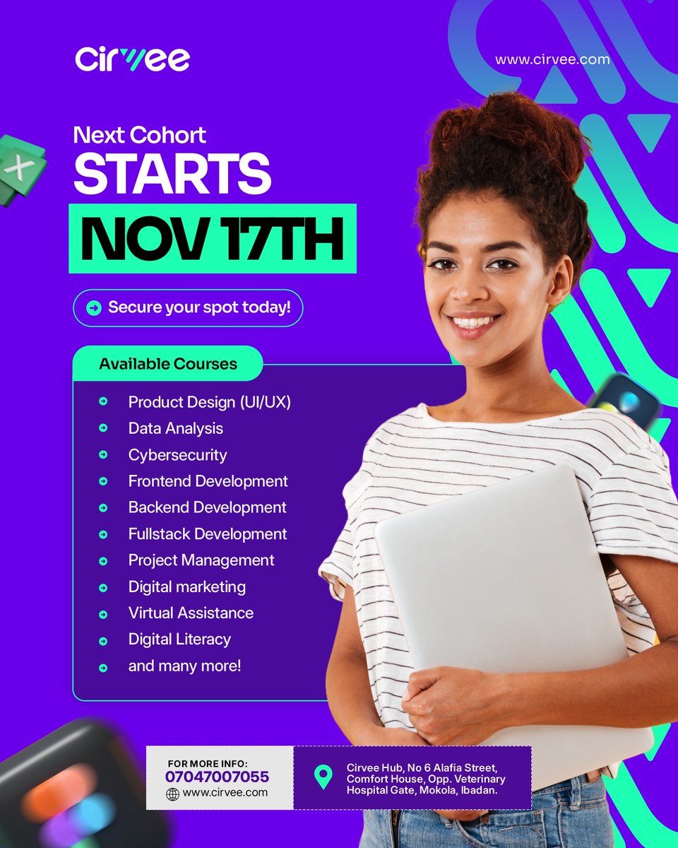hellocirvee's tweet image. If you’ve been waiting for a sign to start tech, this is it. 
Don’t wait till 2026 to start your tech story.✨

Next Cohort begins Nov 17th, secure your spot today and start building your future.

#StayCirvee #TechSkills #LearnWithCirvee #IbadanTech #DigitalSkills