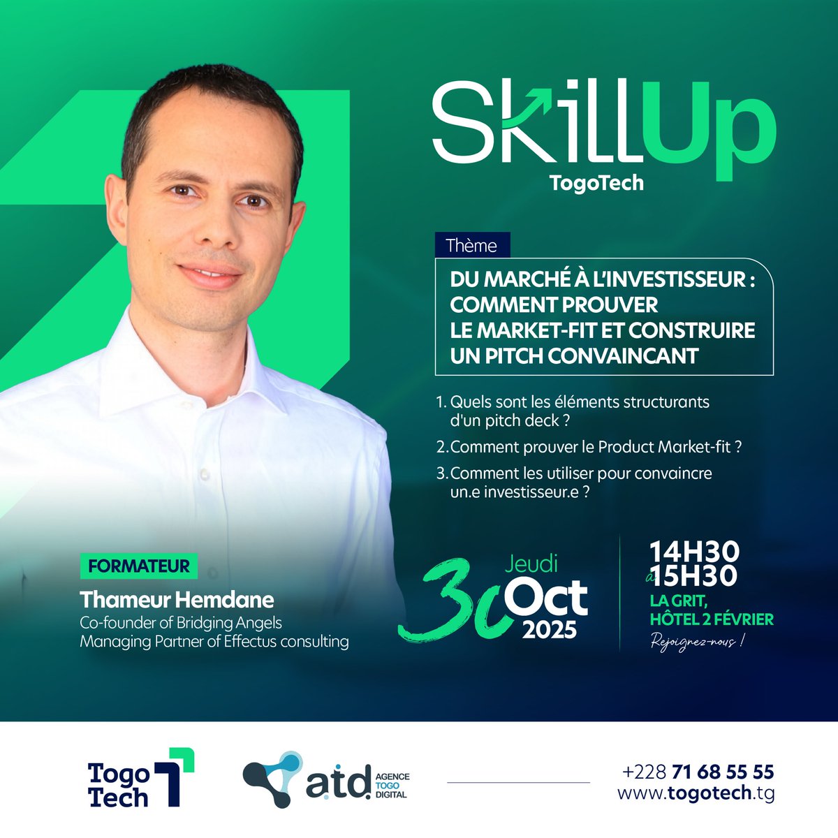 togotech1's tweet image. L&apos;ATD vous propose une formation exceptionnelle !✨

 Entrepreneur, porteur de projet ou simplement curieux de savoir comment réaliser un pitch gagnant ? Cette formation est faite pour vous !🫵🏽

#atd #entreprenariat #togotech #giz