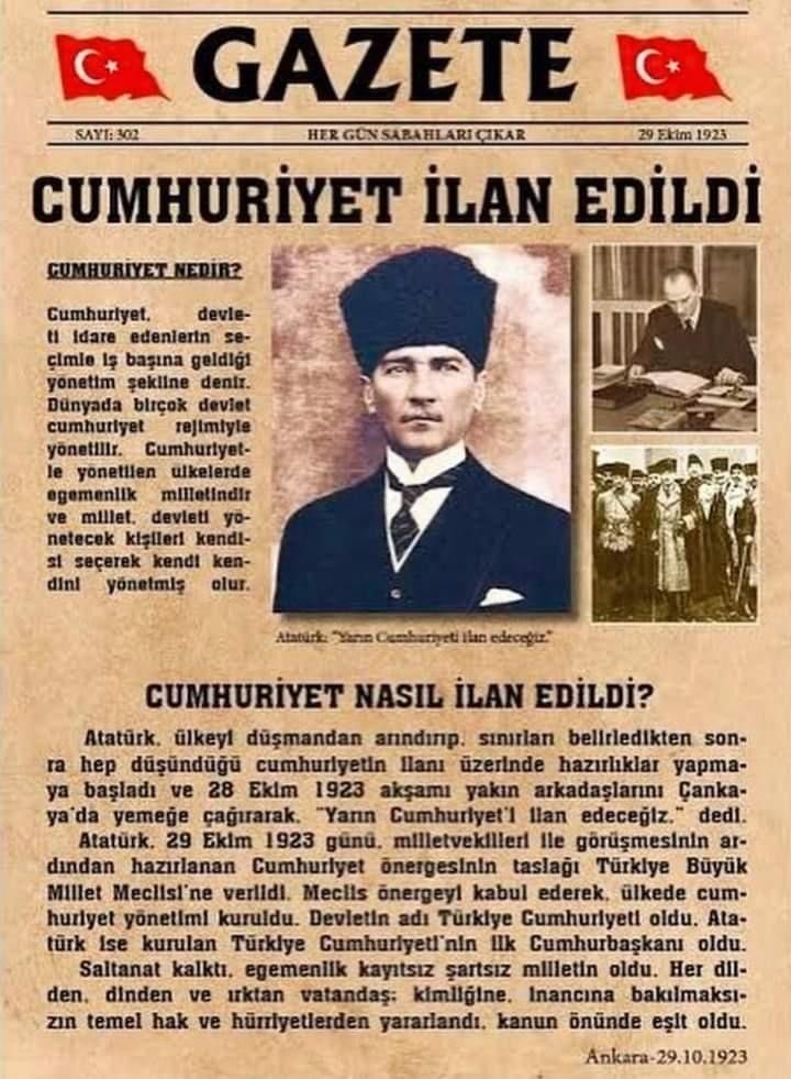 Efendiler, 
Yarın CUMHURİYETİ İlan Edeceğiz. 

#29EkimCumhuriyetBayramı
 #CumhuriyetBayramı