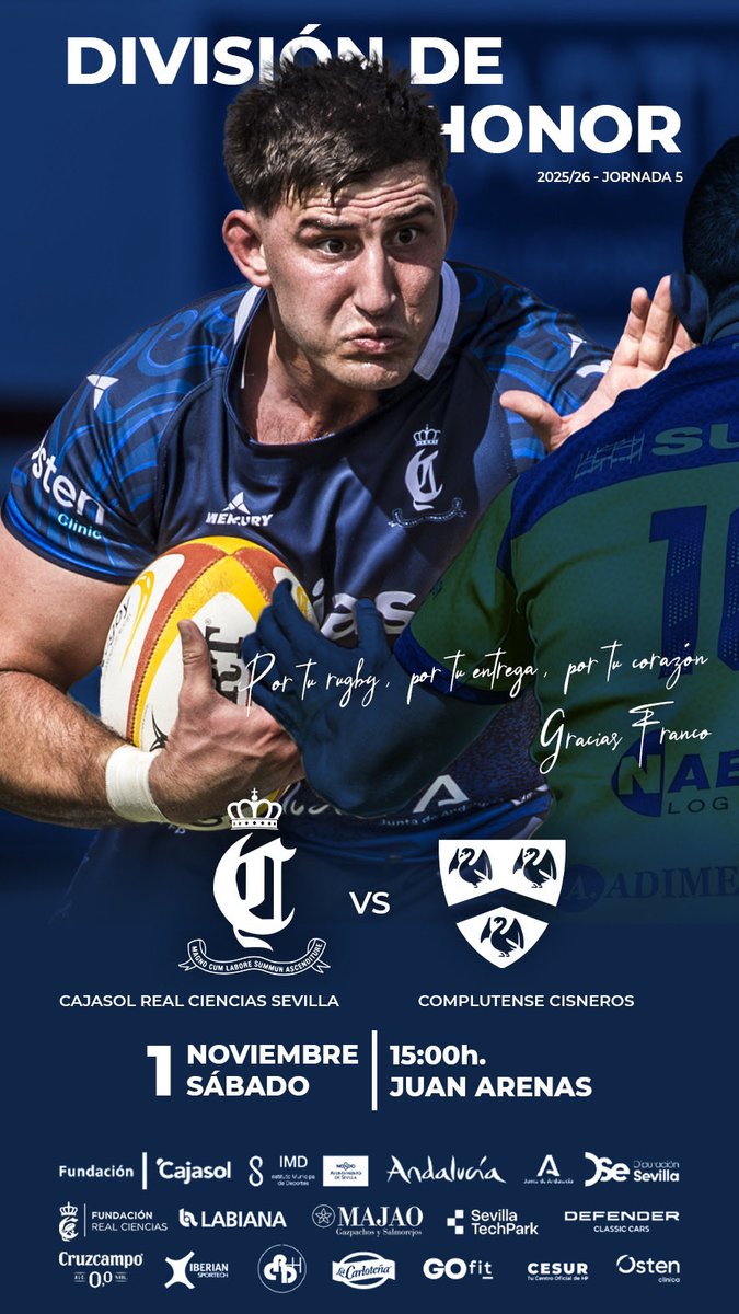 Este sábado, a las 15:00h en el Juan Arenas recibimos a <a href="/Cisneros_Rugby/">Club de Rugby Complutense Cisneros</a>
Será un partido especial, el último encuentro de Franco López con la camiseta científica en casa.
Nuestra afición tendrá la oportunidad de agradecerle todo lo que ha dado.
#empujaciencias