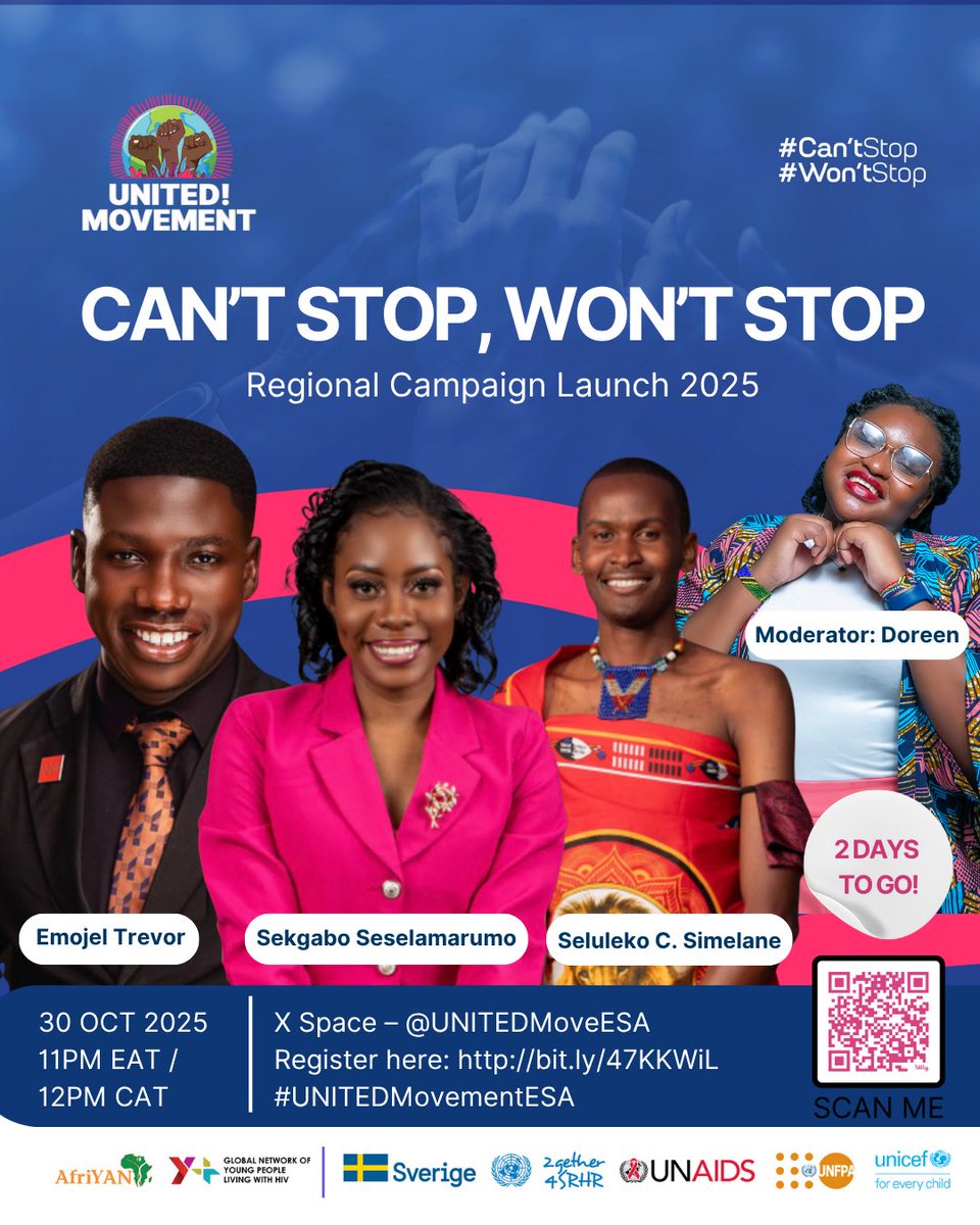 UNITEDMoveESA's tweet image. 🎙️ We’re going LIVE in 2 days!

Join us on 30 October 2025 as we officially launch the #CantStopWontStop campaign — a youth-led call to protect HIV and SRHR funding and equip our generation for real change.

🗓️ 30 October 2025
🕚 11 AM EAT / 12 PM CAT
📍 X Space – @UNITEDMoveESA…