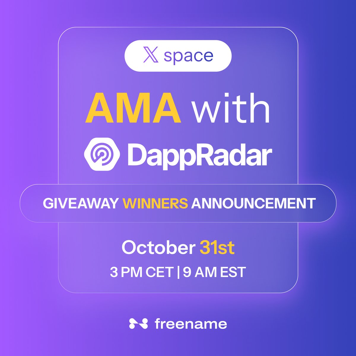 freename's tweet photo. 🎙️ Freename x DappRadar Twitter Spaces + Giveaway!

We’re hosting a Space together on October 31st, and yes, there’s a giveaway too 👇

To enter:
1️⃣ Like ❤️ this post
2️⃣ Retweet 🔁 this post
3️⃣ Follow @freename and @DappRadar 

That’s it, you’re in. https://t.co/1OB7BD3vRu