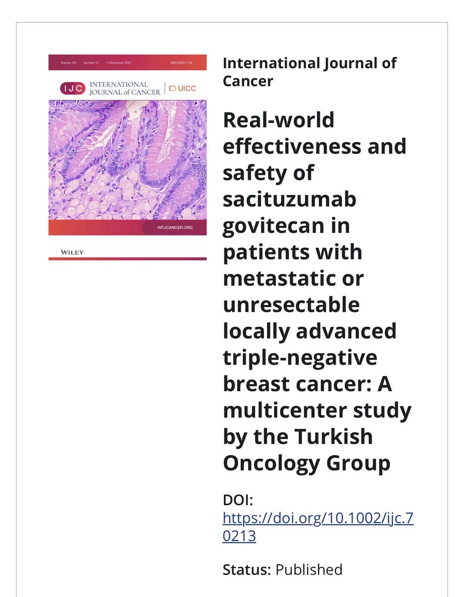 Dr_ElvinaA's tweet photo. Our real-world study on sacituzumab govitecan in mTNBC has been published in the International Journal of Cancer.

✅Median PFS: 5.4 months
✅Median OS: 12.2 months
✅ORR: 36.8% | DCR: 63.9%
✅Safety profile consistent with clinical trials

#SacituzumabGovitecan #mTNBC #BreastCancer #Oncology #RealWorldEvidence @OncoAlert @SalihTunbekici @Larvol