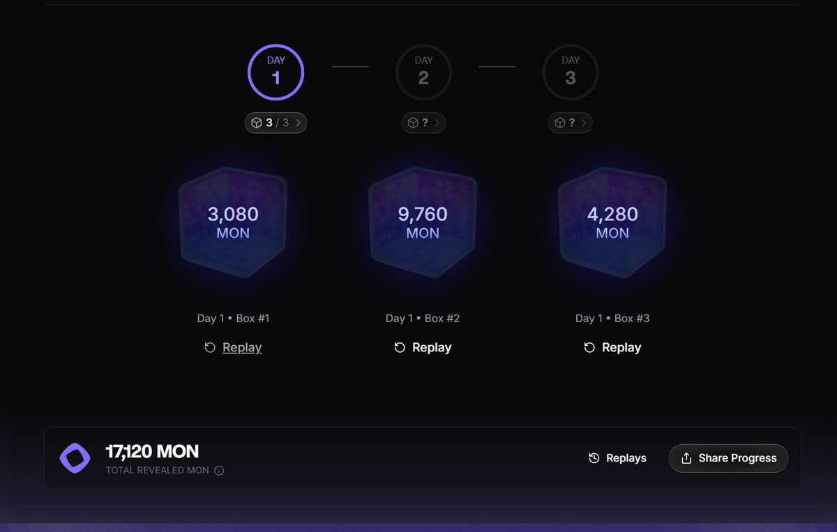 Monad可以开盒子了，可以开3天的盒子，脸有点黑，开这么点

claim.monad.xyz