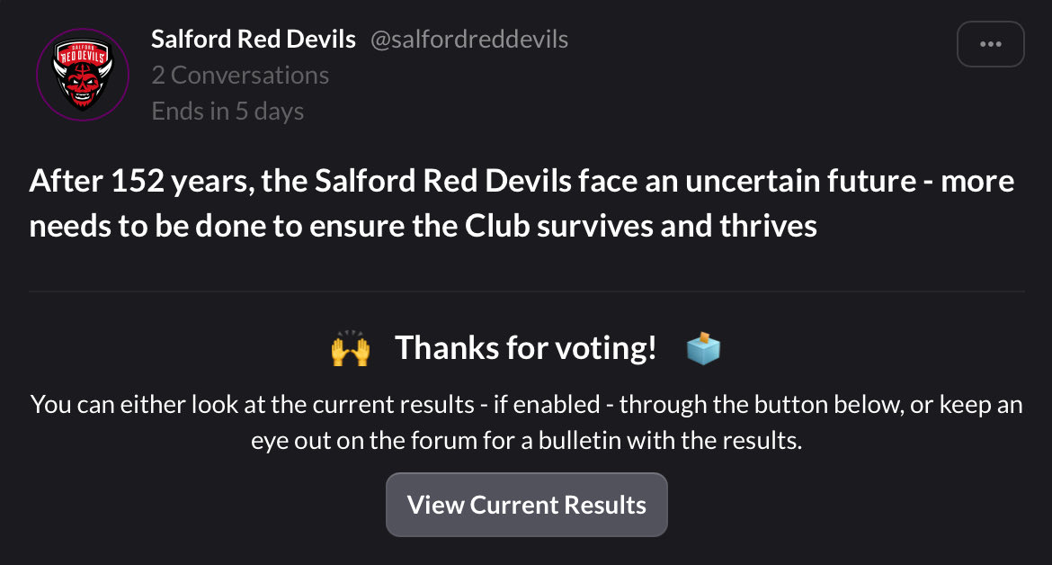 As there’s yet to be a ‘unifying announcement’, from the Club. 

I wanted to give Salford Fans and the wider Rugby League community the opportunity to have their voices heard. 

I believe… suff.ag/FDBV8E

After 152 years… suff.ag/E9UE5H