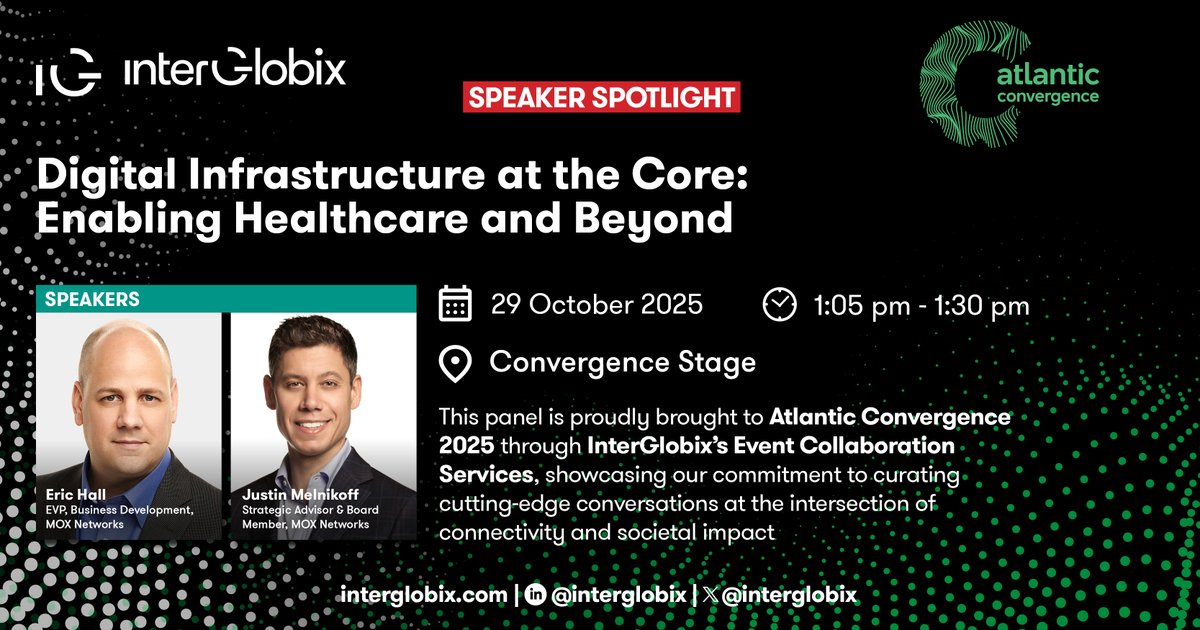 At the heart of healthcare innovation lies digital infrastructure.

At Atlantic Convergence 2025, IG Group is proud to power the speaker spotlight "Digital Infrastructure at the Core: Enabling Healthcare and Beyond." Featuring Eric Hall, EVP of Business Development, MOX Networks,