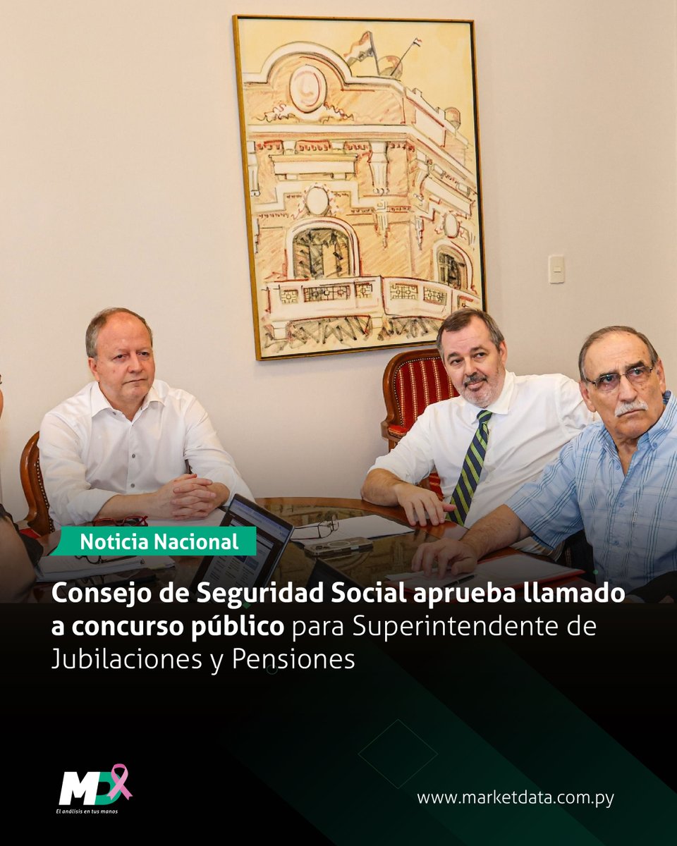 marketdata_py's tweet image. ⚖️ Este lunes se llevó a cabo la cuarta reunión ordinaria del año 2025, del Consejo de Seguridad Social, órgano rector responsable de acompañar y supervisar el proceso de implementación de la Superintendencia de Jubilaciones y Pensiones.
📍Leé más en marketdata.com.py🔗