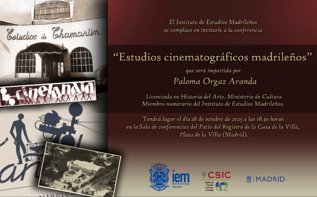 Esta tarde a las 18:30h, Paloma Orgaz nos hablará sobre "Estudios cinematográficos madrileños".

Presencial y 📺 en nuestro canal de Youtube: youtube.com/@institutodees…