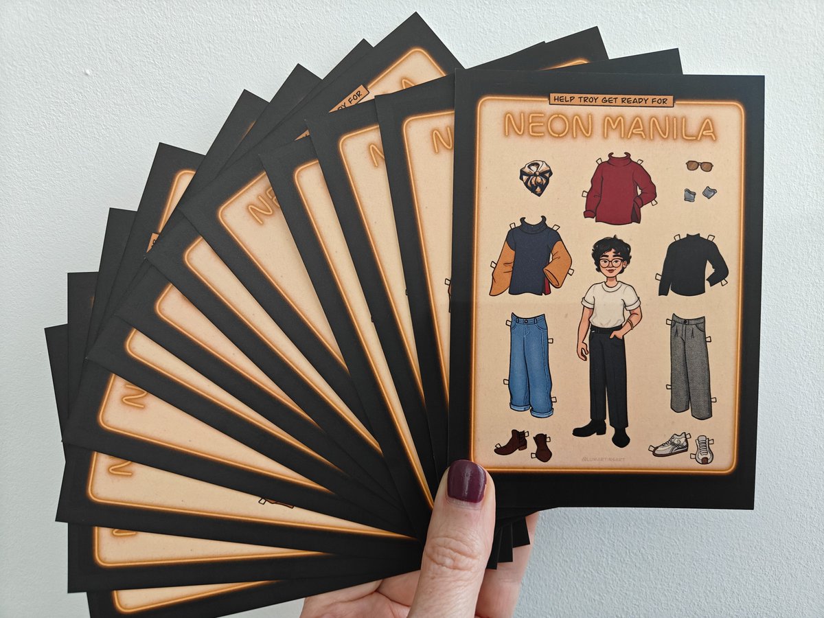 Pick a card. Pick an outfit.
Help <a href="/troycabida/">Troy Cabida</a> get ready for NEON MANILA, arriving this week.
Order from Nine Arches Press and get this gorgeous postcard in your copy.
Plus, on the reverse you'll find a QR code taking you to the NEON MANILA album 🎵
ninearchespress.com/publications/p…