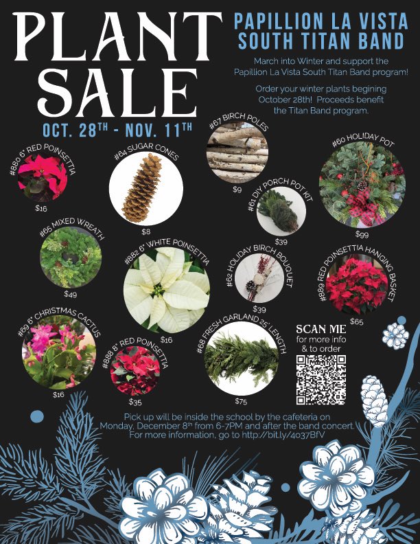 Beautify your home thanks to Janet's Jungle! We are taking orders for our winter plant sale beginning TODAY through Nov 11th. Pick up will be Dec 8th after the band concert. Share with your family, friends and neighbors! janetsjungle.com/papillion-ne--…
