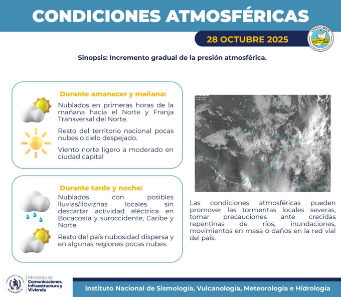 Infographic titled Condiciones Atmosfericas for 28 October 2025 from Insivumeh showing synopsis of gradual increase in rainy weather. Section for morning hours depicts cloud cover and moderate to heavy rains in Norte and Franja Norte regions with rest of territory having light cloud cover and clear to partly cloudy skies. Evening section illustrates cloudiness with possible rains and electrical activity in Norte region and heavy local storms potentially causing floods and river overflows in Norte. Includes icons for sun clouds rain and lightning.