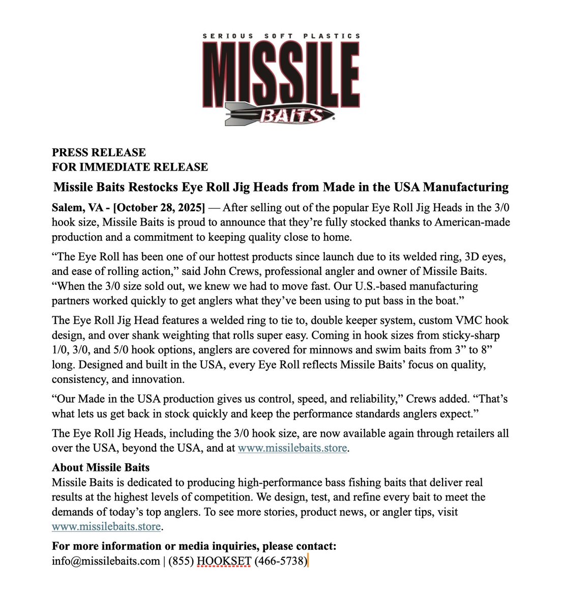PRESS RELEASE
FOR IMMEDIATE RELEASE
#missilebaits #bassfishing #madeintheusa