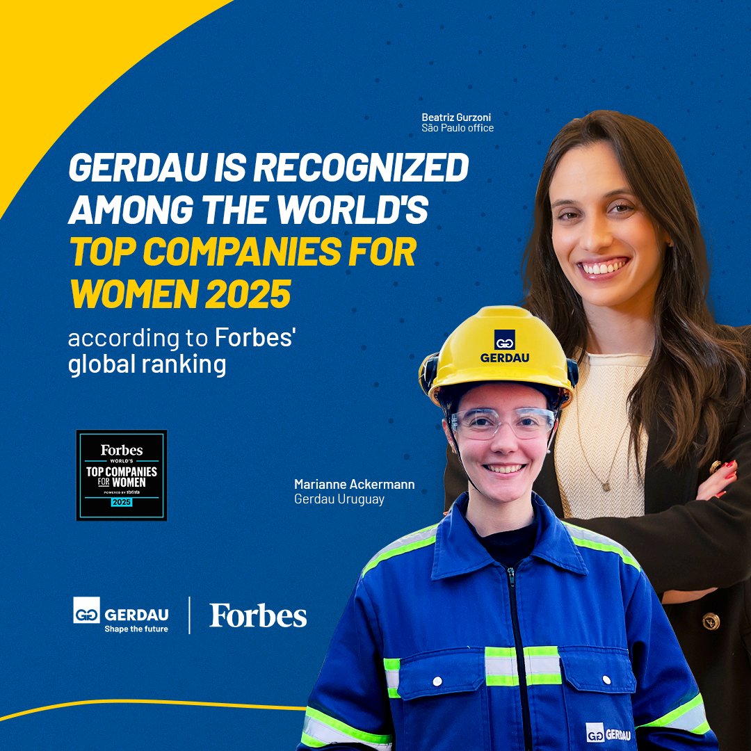 Good news: @Gerdau is the only steel producer recognized among the World's Top Companies
For Women 2025, according to <a href="/Forbes/">Forbes</a> magazine's global ranking! 💛💙 This recognition reflects
our centuries-old culture of respect and care for people. #ShapeTheFuture #Forbes