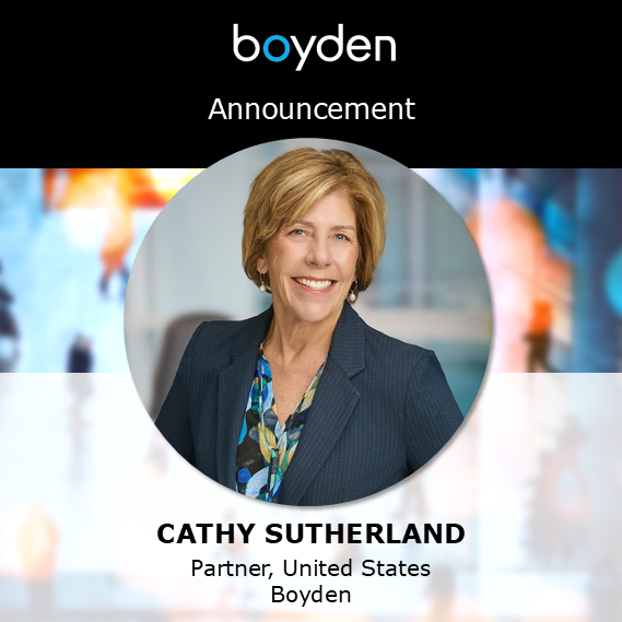 We’re pleased to welcome Cathy Sutherland as Partner, Boyden US.

With 30 years in executive search, Cathy specializes in the consumer sector and HR leadership, helping clients recruit exceptional talent across industries.

Welcome Cathy >> boyden.com/cathy-sutherla…