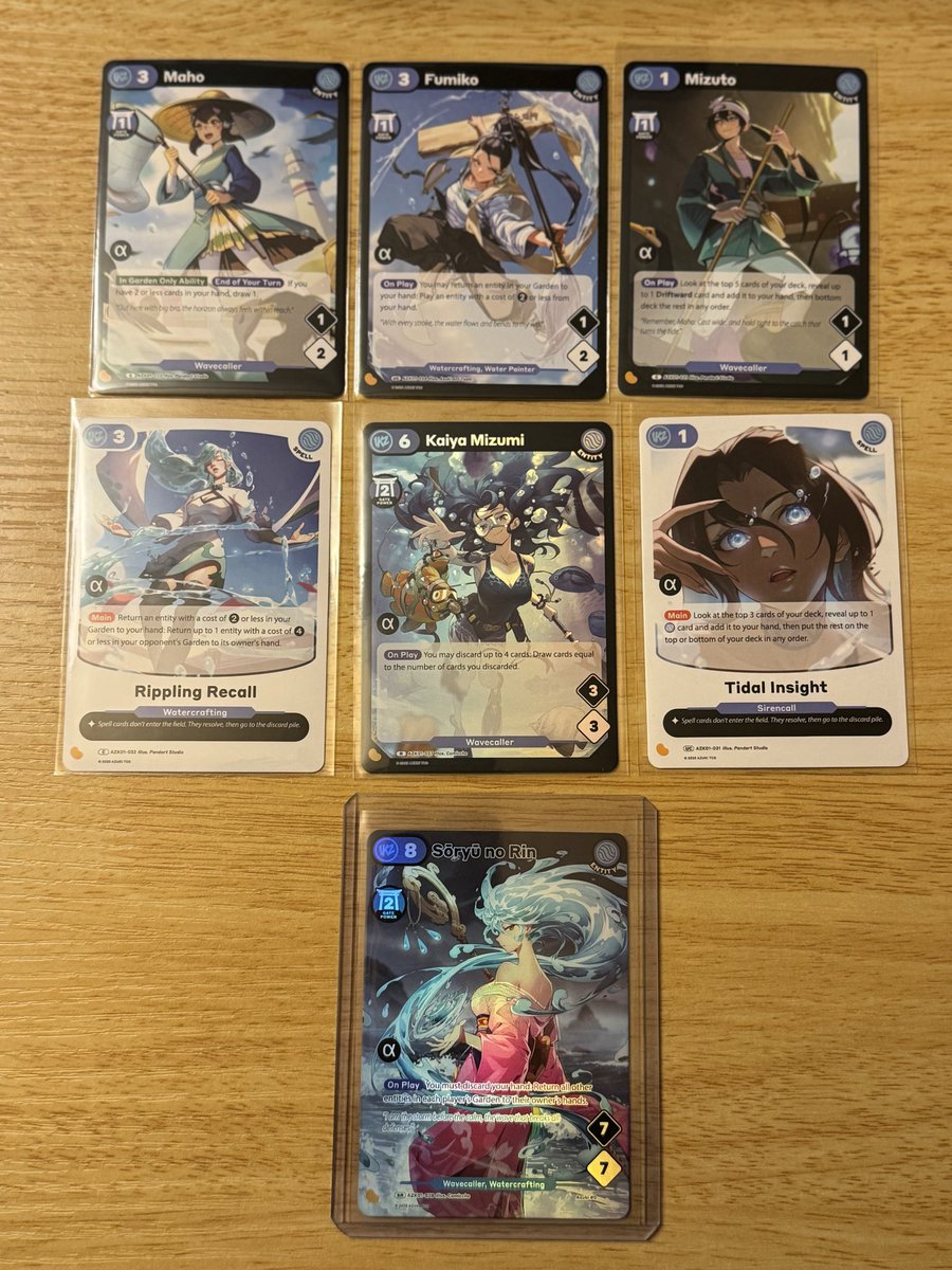 t_mattty's tweet image. I had a lot of fun opening the Azuki TCG Alpha deck booster packs ❤️

Only showing the water WAIFU pulls, even though some are common but they look amazing and also the SR’s!

No serialized Mizuki alternate art card though 😭😭😭