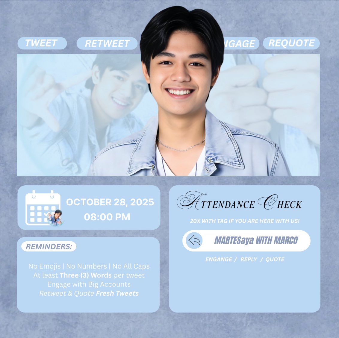 TeamMarcoOFC_'s tweet photo. ATTENDANCE CHECK

Reply "MARTESaya WITH MARCO" twenty times using our tag if you are tweeting with us!

MARTESaya WITH MARCO https://t.co/JwZnRB3YTZ