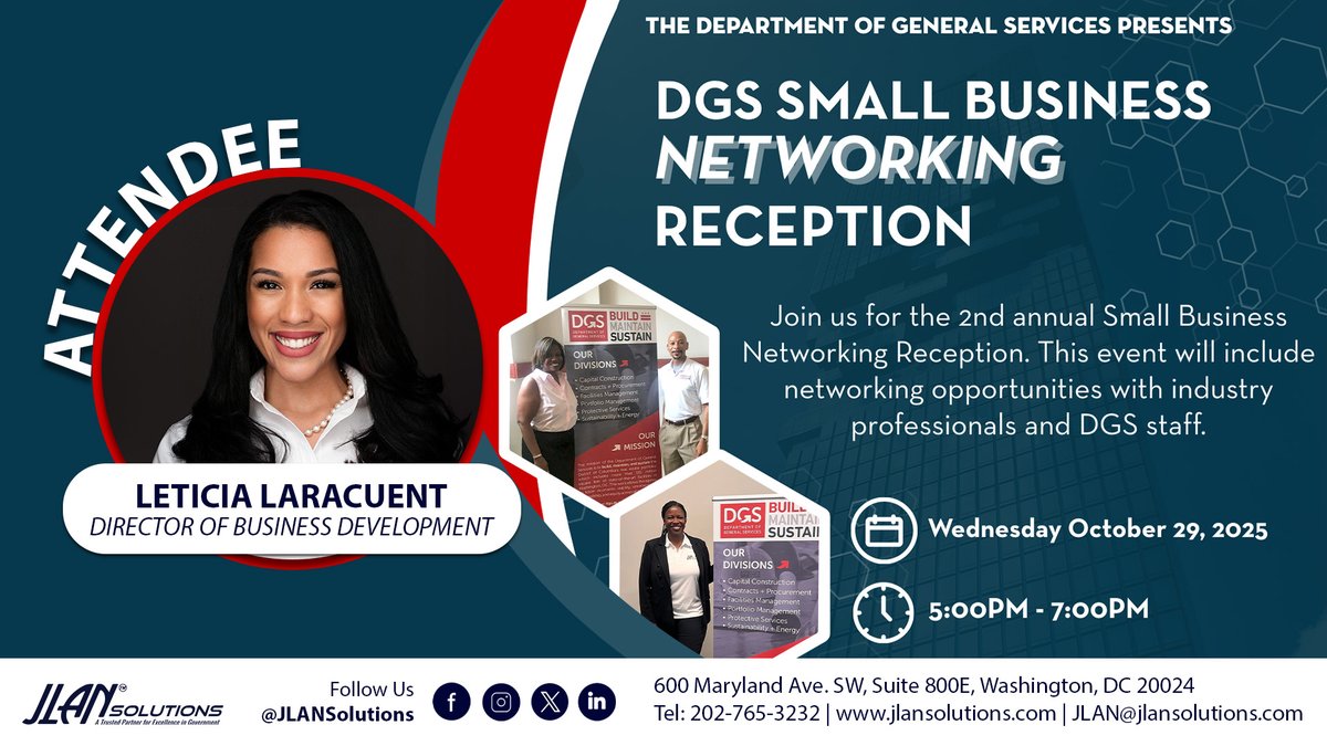 Our Director of Business Development, Leticia Laracuent, looks forward to the 2nd Annual <a href="/DCDGS/">DC Department of General Services</a> #SmallBusinessNetworking Reception on Oct. 29. Great opportunity to connect with contracting opportunities and network with DGS to strengthen our abilities.
#DGSBuildsBusiness #CBE