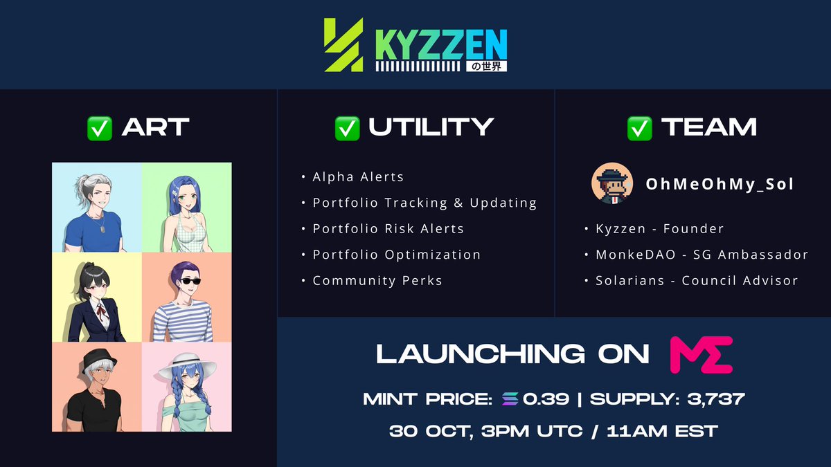 MagicEdenComm's tweet photo. What if an NFT checks ALL the boxes?

✅  Art
✅  Utility
✅  Team

@Kyzzen_io does it all..

Mint: 30th Oct, 11am EST
Supply: 3,737
Mint price: 0.39
Launchpad: @MagicEden https://t.co/25T4mu74Mx