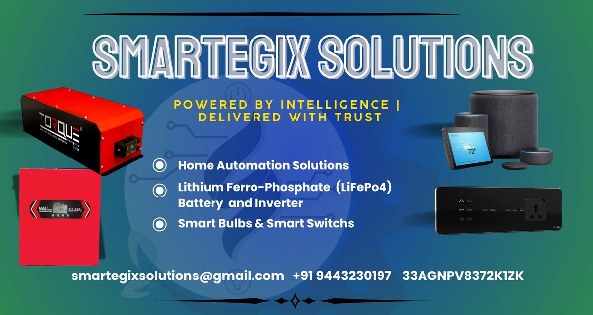 SmartegiXsolns's tweet image. #smartegixsolutions 
Smarter Living Starts Here 💫
🏠 Home Automation | 🔋 LiFePO₄ Torque Batteries | ⚡ Inverters | 💡 Smart Bulbs
Innovating for a connected future 🌐