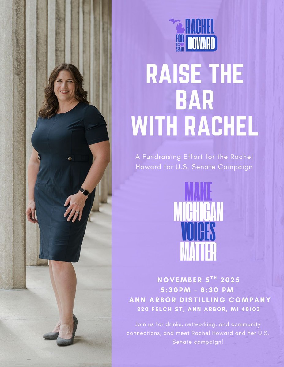 RachelForSenate's tweet image. Come grab a drink and connect with Team Rachel! 🍸 Join us at Ann Arbor Distilling Company for an evening of conversation, community, and fun — and get to know Rachel Howard and her campaign for U.S. Senate!

📅 November 5th, 2025
🕠 5:30–8:30 PM
📍 Ann Arbor Distilling Co.…