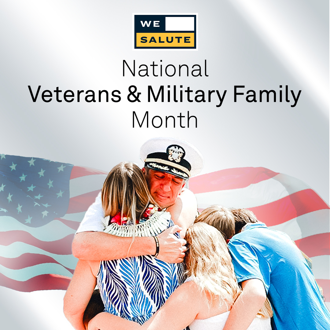 November is National Veterans &amp; Military Families Month! 🇺🇸

Honor our military community's service &amp; sacrifice.

Show support: Volunteer, check in, or listen.

Salute their service with gear: merchandise.wesalute.com

#WeSalute #Military #Veteran #GiveBack #MilitaryFamilyMonth