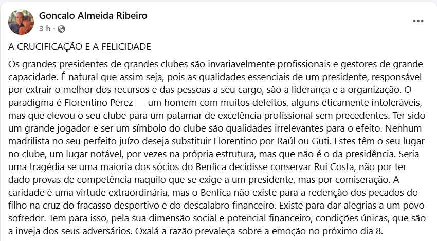 Candidato a PMAG na Lista de Noronha: "Ter sido um grande jogador e ser um símbolo do clube são qualidades irrelevantes para o efeito. Nenhum madrilista no seu perfeito juízo deseja substituir Florentino por Raúl ou Guti. Estes têm o seu lugar no clube, um lugar notável, por